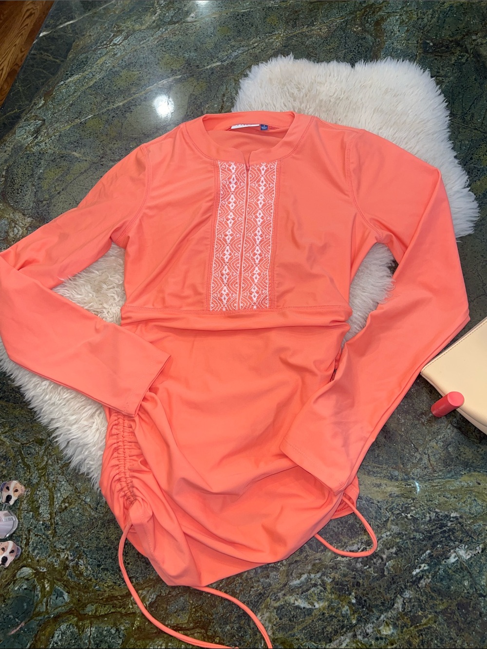 Cabana Life Coral Long Sleeve Swim Coverup with Embroidered Front